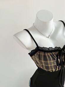 Elamini French Retro Plaid Contrast Lace Trim Camisole, Sweet & Spicy Design, Fitted, Spring/Summer - Multicolor - View 4