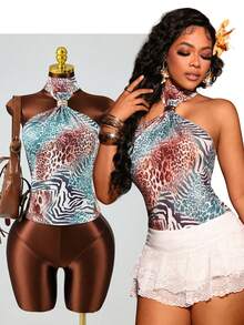 SHEIN LUNE 女士时尚露背吊带衫，动物纹印花，金属扣环，优雅年轻，适合通勤、约会、休闲度假、郊游、派对、俱乐部、音乐节等场合；春夏伊比沙岛派对性感上衣，适合夏季哈瓦那之夜狂欢节，猎豹纹印花 - 彩色 - 查看 6