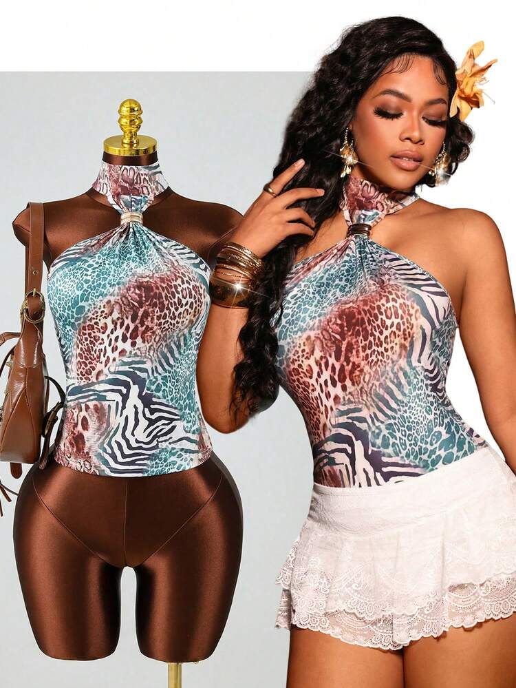 SHEIN LUNE レオパード柄 ホルターネック メタルバックル付き エレガントな 通勤 デート カジュアル バケーション アウトドア パーティー クラブ ミュージックフェス タンクトップ、春夏 - マルチカラー - 見る 6