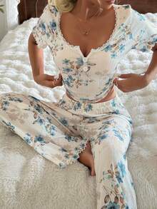 Floral Print Lace Trim Square Neck Button Decor Short Sleeve Pajama Set Pj Set Women Lounge Sets Floral Pj Set Sleep Wear Women 2 Piece Set Pajamas Set - Beige - View 4