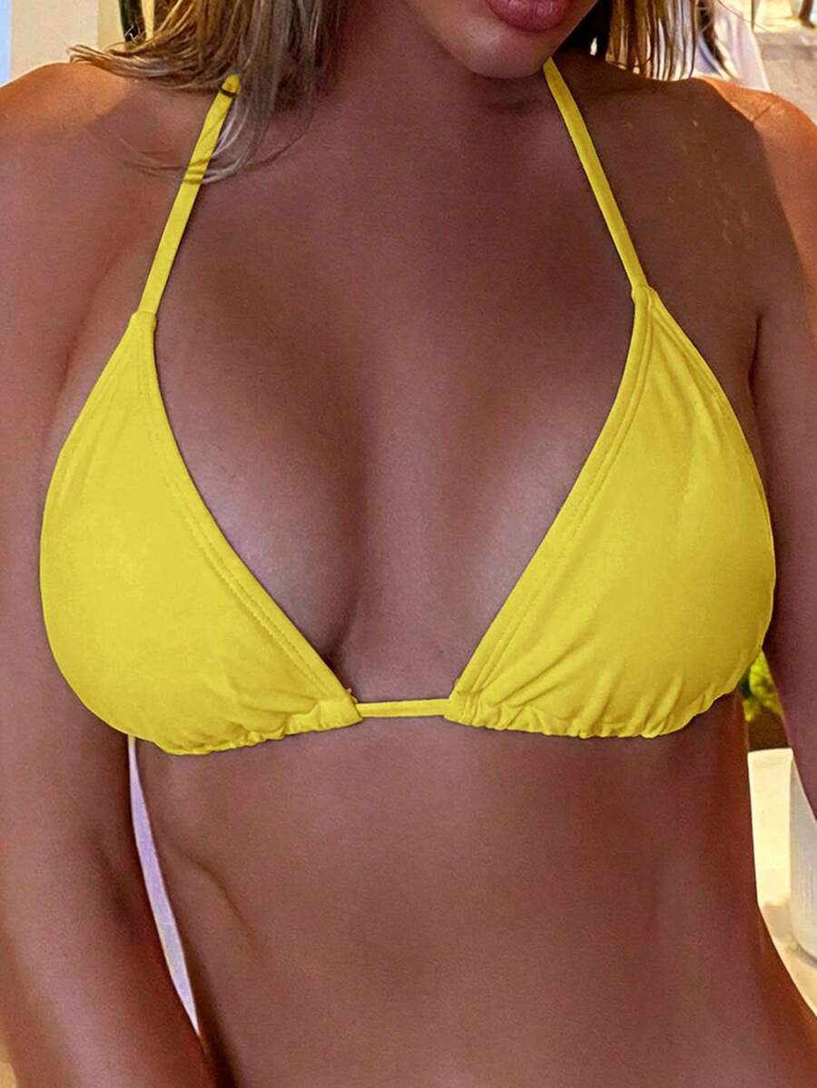 Swim Basics 女士纯色挂脖系带性感比基尼泳衣上装 - 鵝黃色 - 查看 1