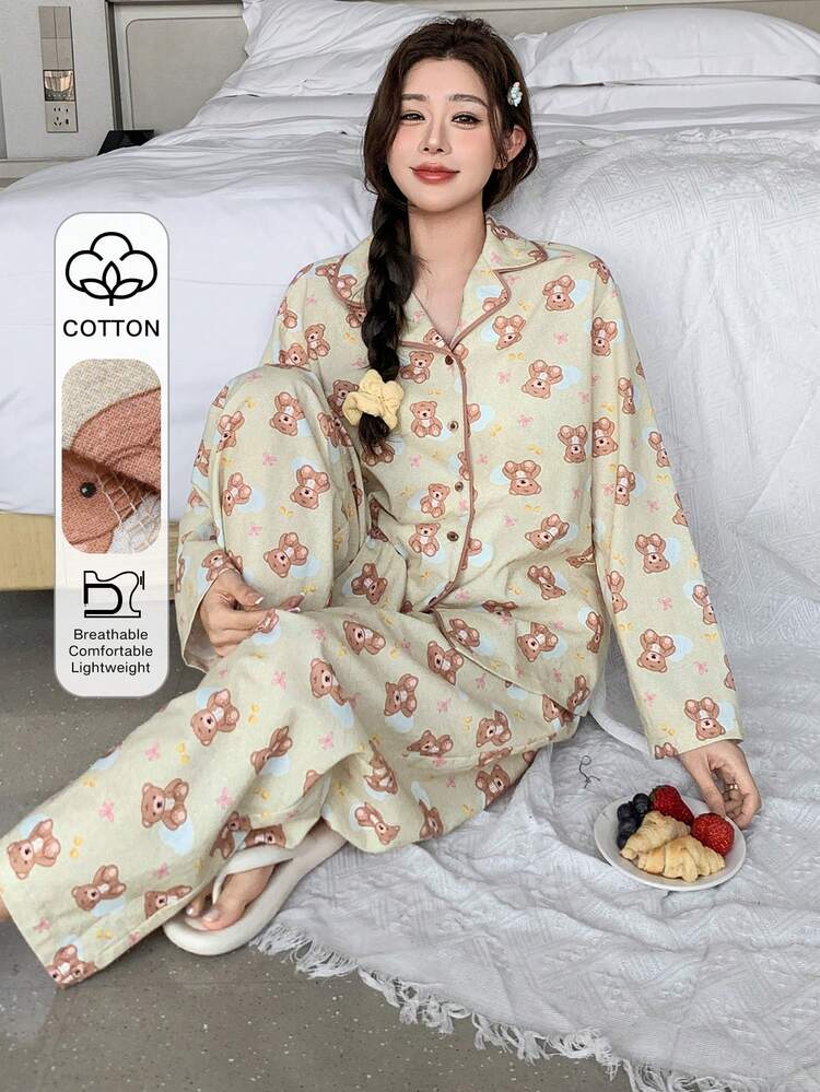 Bear Print Contrast Trim Women Pajama Set
