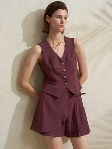 Airaco Women's Minimalist Single-Breasted Vest And Skirt Suit Set For Commuting, Summer - Purple - View 1