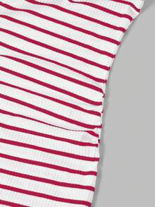 Modmama Maternity Solid Color + Striped Print Round Neck Fitted Sleeveless Dress - Red - View 13