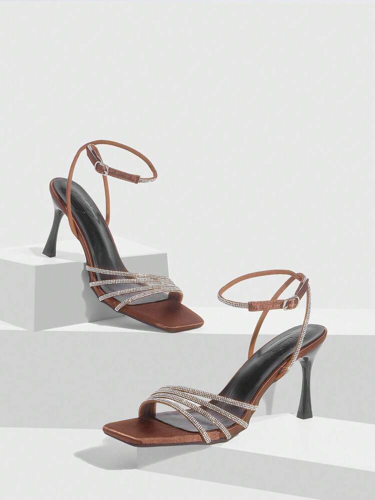 CUCCOO SZL Women Shoes Summer New Multiple Rhinestone Straps Design Square Toe Thin Heel High Heel Sexy Elegant Elegant Fashion Women's High Heel Sandals Foot Ring Diamond With Open Toe Heel Shoes Dress Shoes Sexy Dating Afternoon Tea Party Dinner Wedding Party Wear Prom Heels