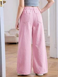 SHEIN Quần jeans ống rộng cạp chun màu sáng cho bé gái tuổi teen, quần jeans ống rộng thoải mái, cạp chun co giãn, thích hợp mặc hàng ngày, quần ống rộng thoải mái mùa hè, phong cách boho, đi biển, nghỉ mát, dự tiệc, lễ hội âm nhạc. - Hồng - Xem 2
