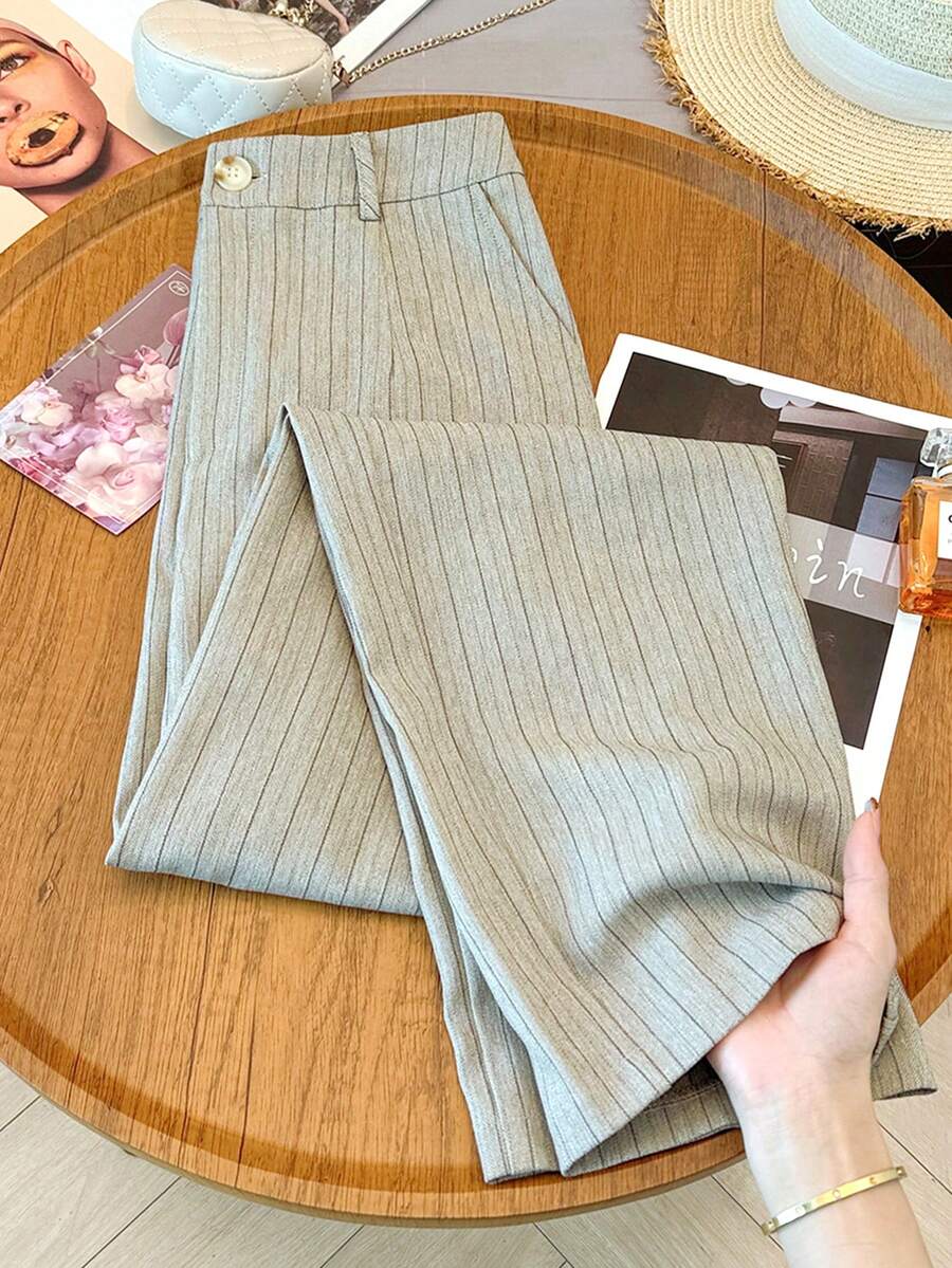 Franclia Women's Fashionable Slim-Fit Long Suit Pants Striped Women's Trousers Women's Casual Commuter Suit Pants Women's Trousers Casual Khaki High Waist Slim Fit Cropped Work Pants Women's Skinny Pants Women's Pants Women's Bottoms Autumn Spring Trousers Summer Trousers Women's Casual Pants Casual Slim-Fit Suit Pants Loose-Fit Pants Women's Casual Business  High Waist Pants Everyday Casual Wear Urban Teacher's Professional Wear Khaki Pants Striped Women's Trousers Spring Clothing Summer Clothing - Khaki - View 1