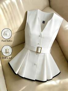 Franclia Women's Black & White Patchwork Shirt, Decorated With Pearl Buttons, Paired With Gold Buckle As Waist Belt, Elegant For Commuting - Black and White - View 4