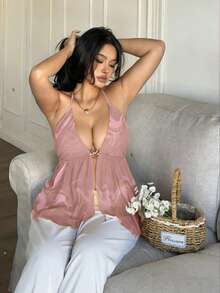 Sunnyshic Plus Size Deep V-Neck Spaghetti Strap Backless Camisole - Brown - View 5