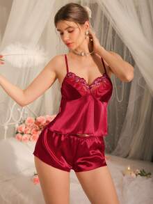 女士夏季缎面花卉刺绣网纱吊带背心和短裤睡衣套装 - 紅色 - 查看 1