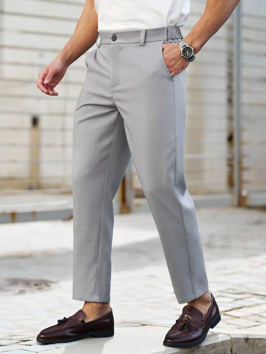 Manfinity Mode 男士纯色休闲商务裤 - 灰色 - 查看 1