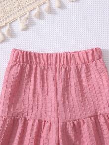 SHEIN Genkimix Kids 2件套女童夏季创意3D刺绣装饰吊带背心（荷叶边下摆）和休闲裤套装 - 粉色 - 查看 8