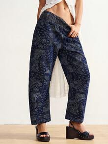 Bohemela Women's Low-Rise Paisley Print Jeans,Navy Blue Floral,Summer,Boho,Vacation Cinched Waist Loose-Fitting Carrot Skinny Jeans,Fashionable Y2K Dark Blue - Dark Wash - View 4