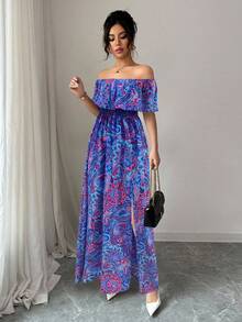 Rafferiza Đầm maxi nữ họa tiết hoa, trễ vai, vạt trước ngắn vạt sau dài, viền bèo nhún, thích hợp cho kỳ nghỉ biển. - Nhiều màu - Xem 4