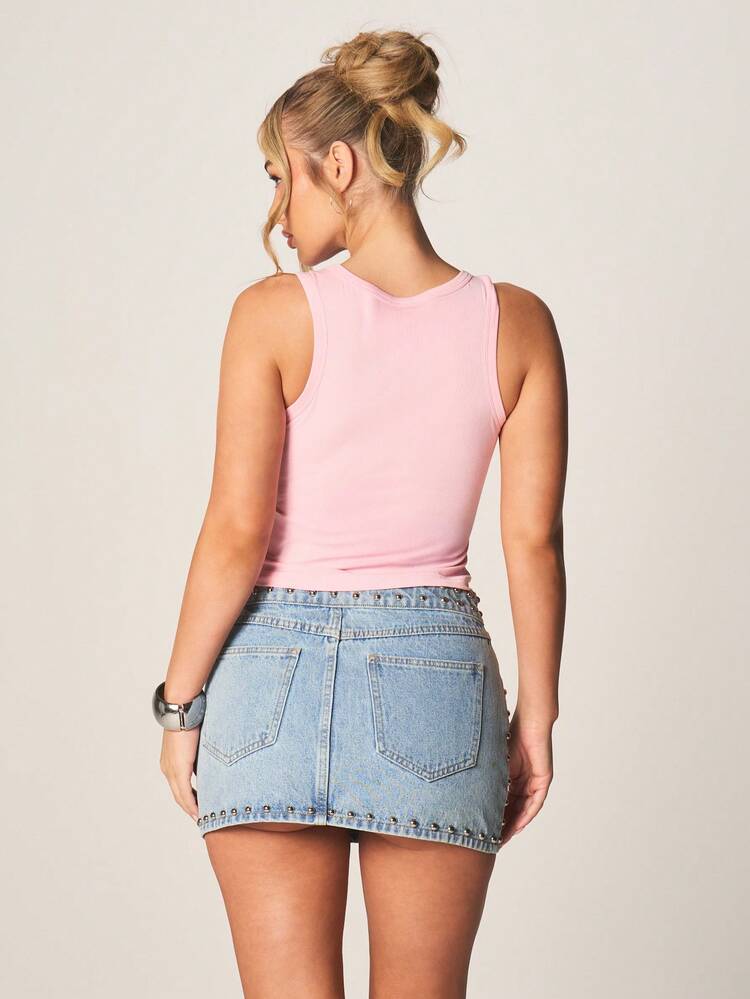 MISSGUIDED Débardeur court côtelé avec imprimé script chaud et fou. Top d'été décontracté, sans manches, col en V, ajusté, basique pour festival