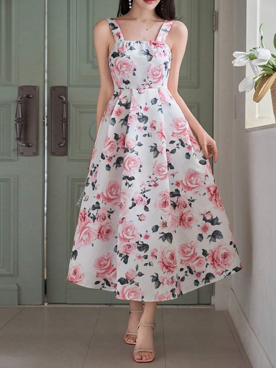 DAZY Women's Elegant Floral Print Sleeveless Square Neck Midi Dress, Summer Wedding Guest Dress - Pink - View 1