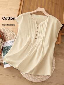 Rusticease Áo sơ mi nữ màu trơn cổ chữ V cài nút kiểu dáng thường ngày - Màu Khaki - Xem 9