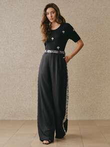 Anewsta 春季新款女士黑色办公裤，时尚撞色亮片装饰喇叭休闲西装裤 - 黑色 - 查看 6