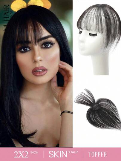 Adorno de cabello humano virgen, postizo superior negro natural, flequillo de aire, adornos rectos con flequillo, postizo superior para mujer