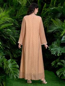 Al Najma Women's Chic Pink Modest Abaya Maxi Dress With Lace Peter Pan Collar,Long Sleeve Textured Floral Print Tunic For Summer - Pink - View 2