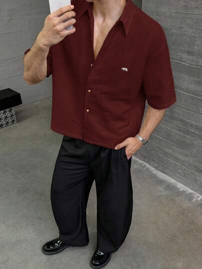 ESTAVOR 男士休闲时尚梭织短袖衬衫，绣有北极熊图案，适合夏季穿着