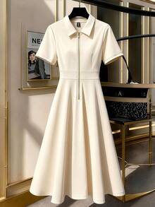 GlowEve CURVE Women's Casual Elegant Short Sleeve Collared Dress - Apricot - View 1