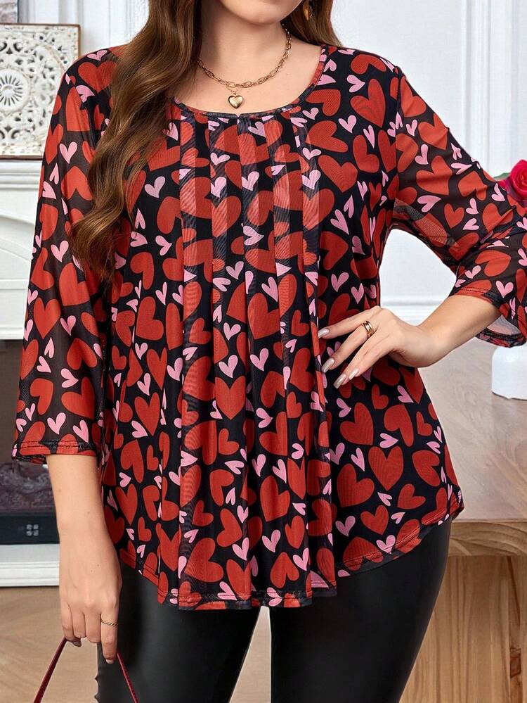 Blouse à imprimé cœur rouge 3/4 manches pour grandes tailles, été/Saint-Valentin, vacances de printemps, Saint-Valentin, vacances, sortie, nouveauté 2026, simple et à la mode pour un port quotidien, élégante et décontractée pour les fêtes