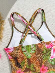 SHEIN 1件装女童热带花卉印花弹力速干舒适针织面料连体泳衣，适合海滩、泳池、度假、夏季、旅行 - 彩色 - 查看 6