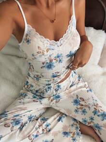 CottageSlumber Conjunto de pijama de mujer con top de tirantes con cuello en V y pantalones con parches de encaje floral - Beis - Ver 6