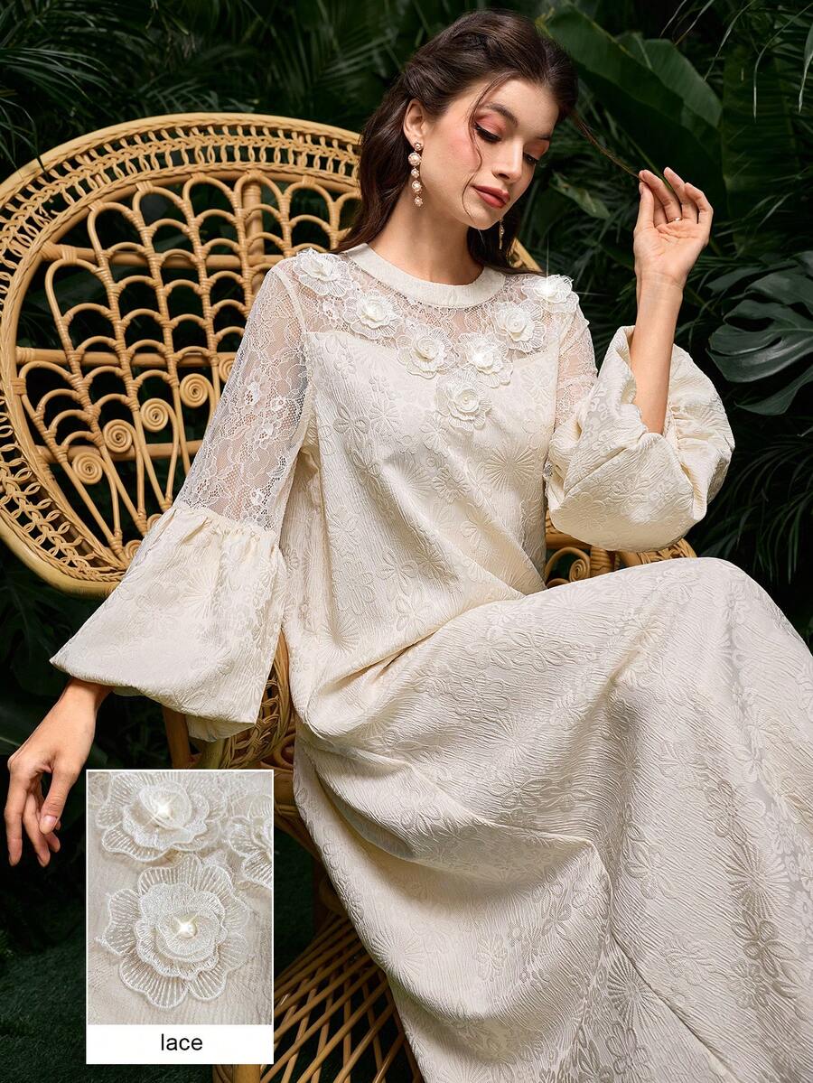 Al Najma 优雅女士连衣裙，采用3D提花、蕾丝拼接、提花和灯笼袖设计