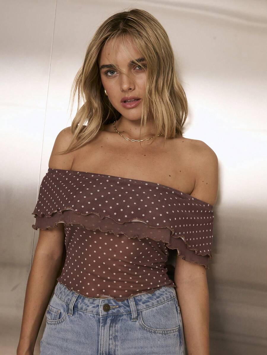 Aralina 无袖露肩无肩带波点荷叶边网纱上衣 - 彩色 - 查看 1