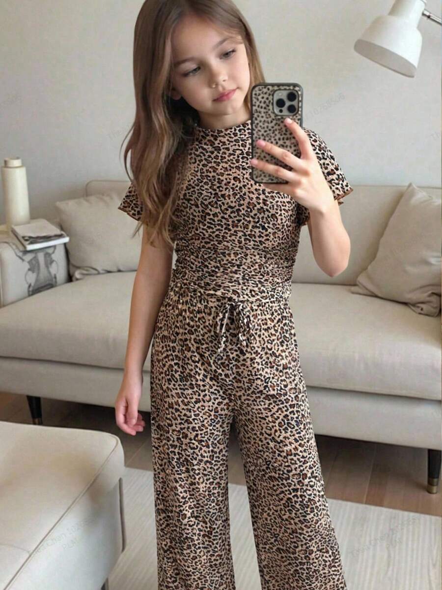 2件套女童豹纹圆领褶皱休闲T恤和打底裤套装 - 黑色 - 查看 1