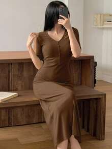 DAZY Minimalist Knit Fitted Long Dress Loungewear For Women - Brown - View 4