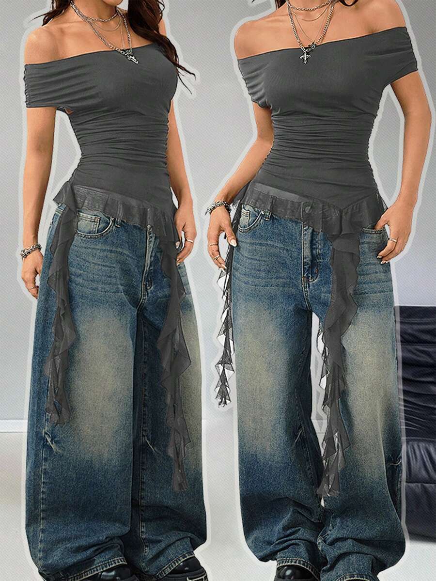 Coolane 女士休闲音乐节露肩网纱荷叶边不对称下摆上衣 - 深灰色 - 查看 1