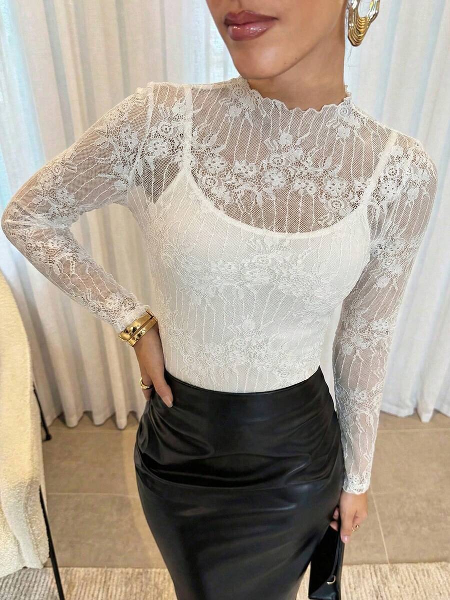 Lavishia 女士蕾丝拼接透视立领长袖上衣，万圣节女装 - 白色 - 查看 1