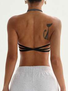 Dewbera 女士运动文胸，前部褶皱挂脖设计，可拆卸加厚交叉肩带，适合日常休闲穿着、网球、瑜伽、健身等多种场合。 - 灰色 - 查看 4