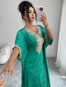 Rafferiza 女士缎面系带蕾丝拼接连衣裙，春夏款 - 綠色 - 查看 7