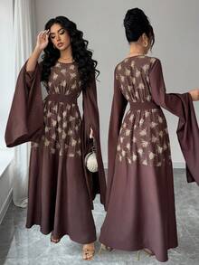 Rafferiza Elegant Round Neck, Extra Long Slit Flare Sleeve, Printed Patchwork, Cinched Waist A-Line Dress, Middle Eastern Style, Brown - Coffee Brown - View 1