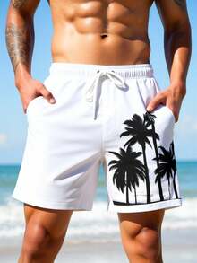 Manfinity Swimmode Men's Palm Tree Print Drawstring Waist Pocket Beach Shorts - White - View 3