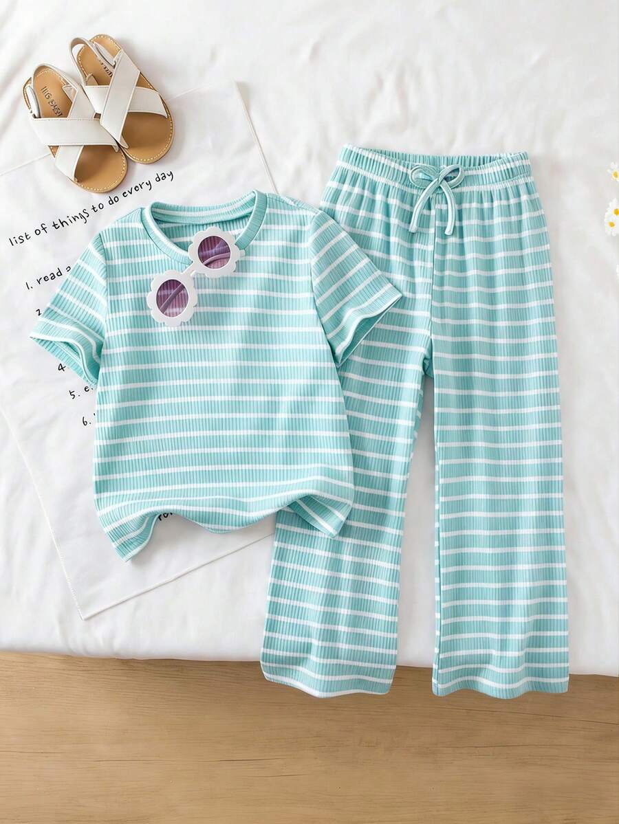 Genkimix Kids Young Girls Casual Textured Striped T-Shirt & Fashionable Flare Pants Set, Suitable For Summer, Outdoor Wear - Baby Blue - View 1