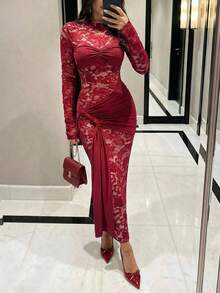 Firerie Đầm ren đỏ xuyên thấu kiểu vintage dành cho nữ, thích hợp cho tiệc Giáng sinh, Năm mới, Lễ Tạ ơn, phong cách Y2K, dự tiệc, hộp đêm. - Màu Đỏ Sâu - Xem 2