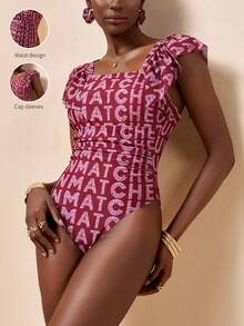 Zivah بدلة سباحة قطعة واحدة ذات أكمام مكشكشة أنيقة جديدة، ذات قاعدة حمراء مع طباعة حرفية، مناسبة للشاطئ والحمام والحفلات - بني - مشاهدة 8