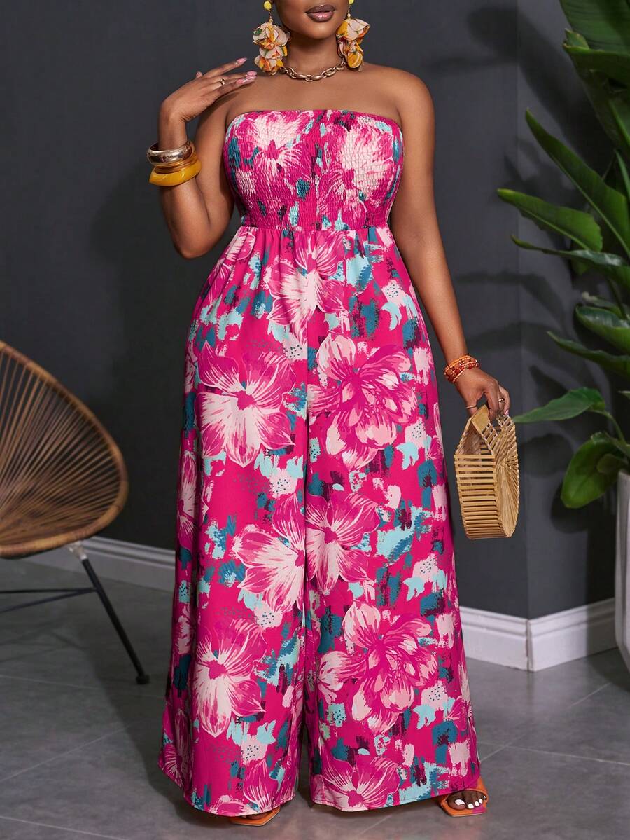 Slaydiva Bộ jumpsuit ống rộng ôm sát họa tiết hoa, chất liệu vải dệt in kỹ thuật số, dành cho kỳ nghỉ biển mùa xuân/hè 2025, cỡ lớn, dành cho nữ, dài thêm.