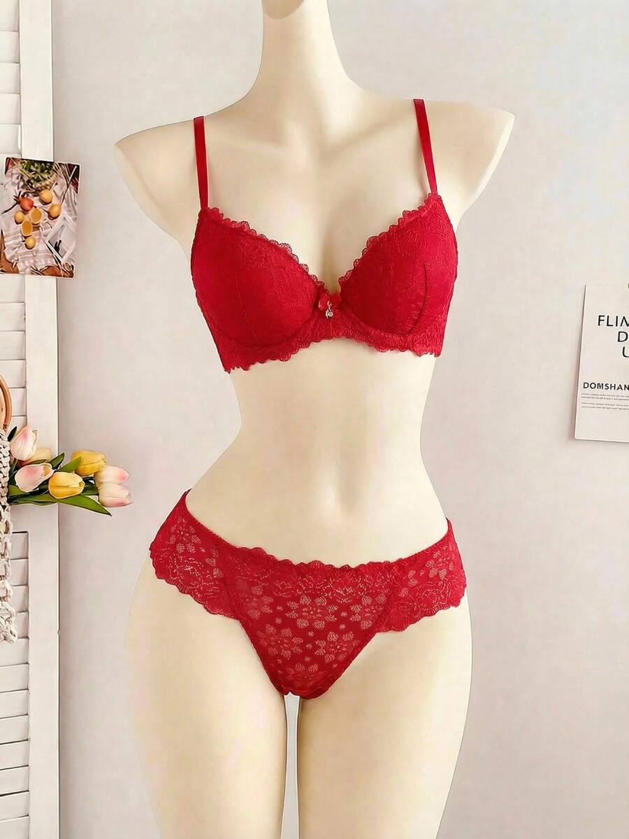 Esselle 2pcs Valentine's Day Lace Underwire Bra And Panty Set For Women Lingerie Bridallingerie - Red - View 1