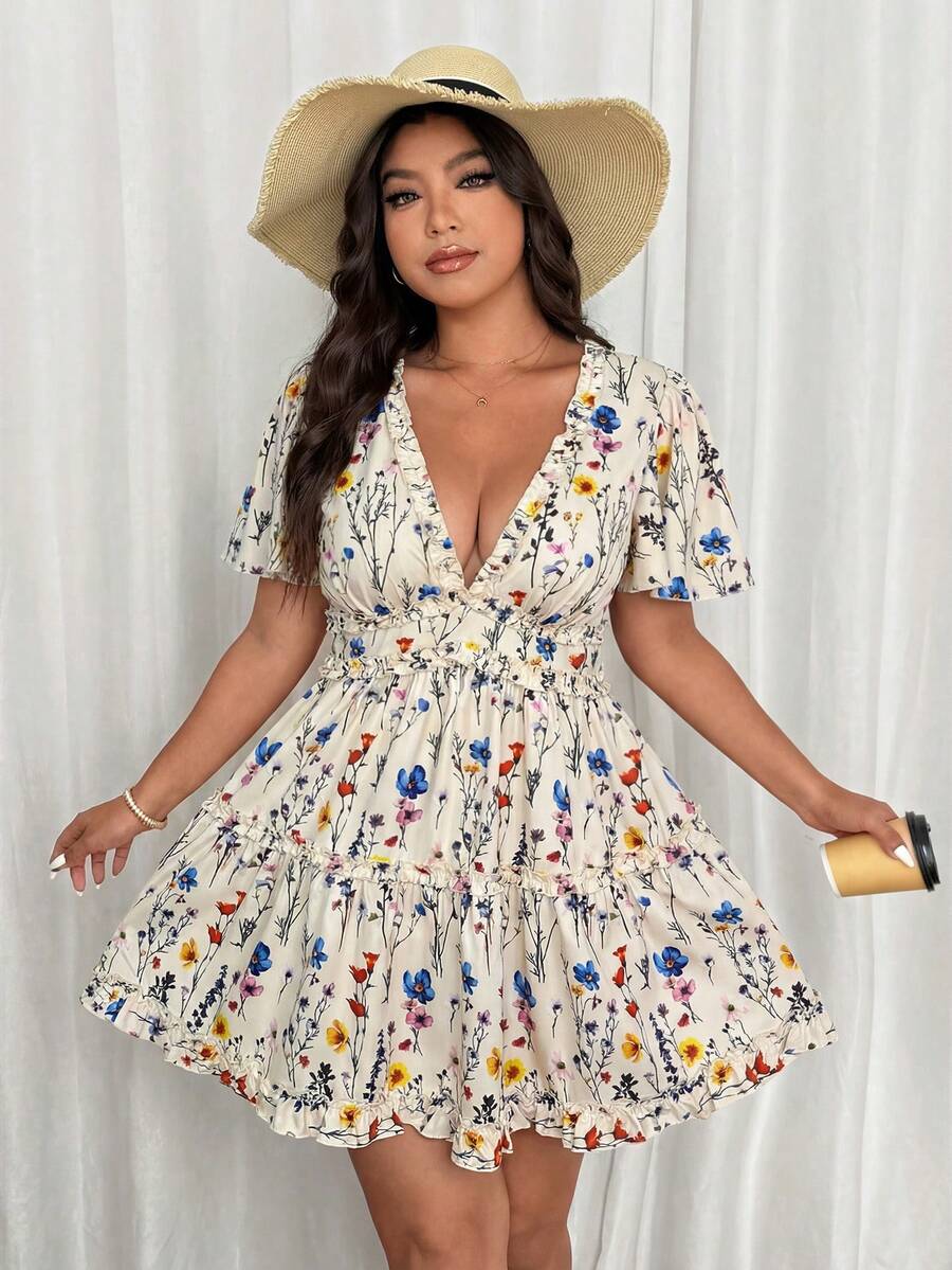 Vionelle Plus Size Women Vacation Chiffon Floral Print Ruffle Sleeve Hem Dress - Multicolor - View 1