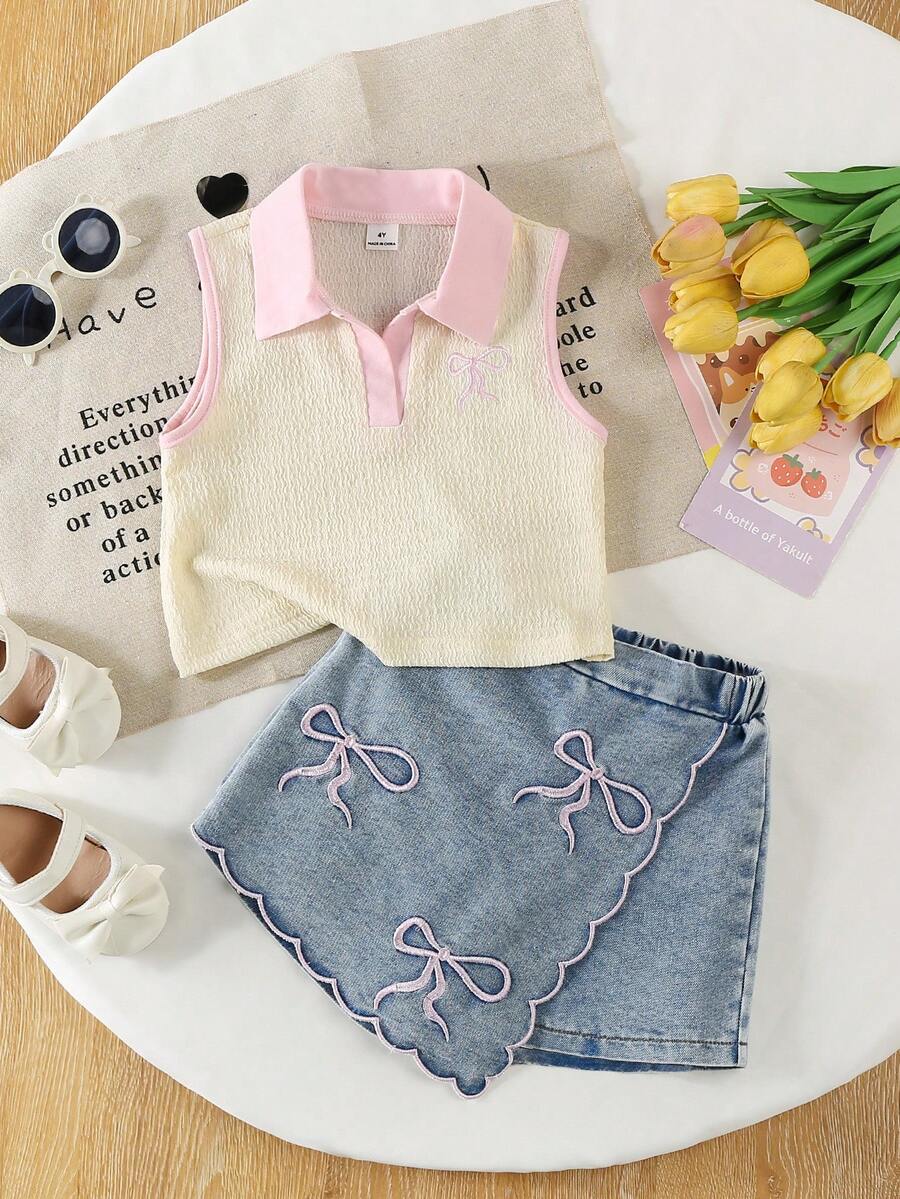 SHEIN Elladie kids 新款V领T恤和牛仔短裙套装,适合4-7岁女孩,春夏款,刺绣时尚套装,适合休闲、度假、上学、旅行、户外活动等场合。 - 彩色 - 查看 1
