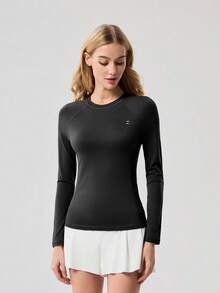 OutZeal 女士运动T恤瑜伽健身上衣柔软弹力修身长袖圆领 - 黑色 - 查看 9