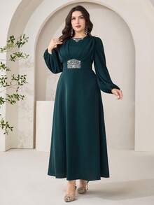 Veilorie Đầm thanh lịch cỡ lớn cổ tròn tay phồng eo xếp ly - Màu xanh lá cây đậm - Xem 7
