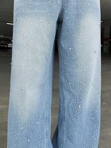 Ngobest Haus 1pc Men's Loose Fit Distressed Brick Print Denim Wide Leg Jeans - Blue - View 3