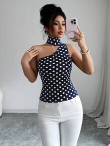 Elenzga Women's Contrast Polka Dot Print Asymmetric Shoulder Tank Top - Royal Blue - View 6